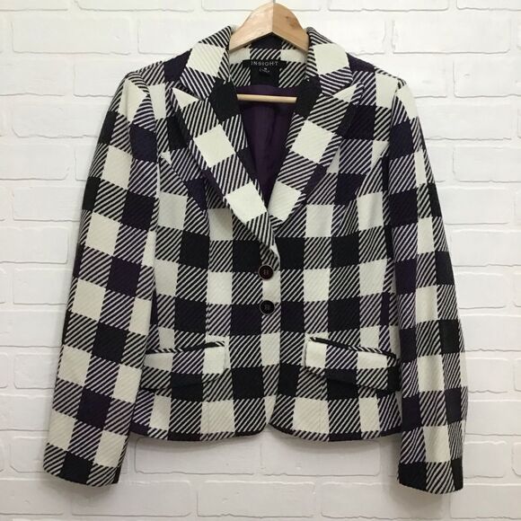 INSIGHT blazer acrylic blend wool tweed plaid ecru checker white black purple 16 - Picture 14 of 14